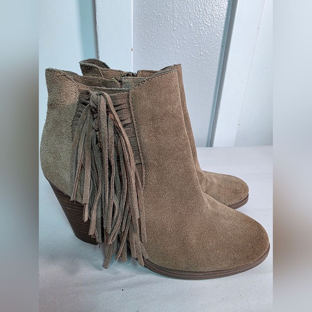 Vince Camuto Harlin Taupe Suede Fringe Ankle Boots - Women's 6.5M